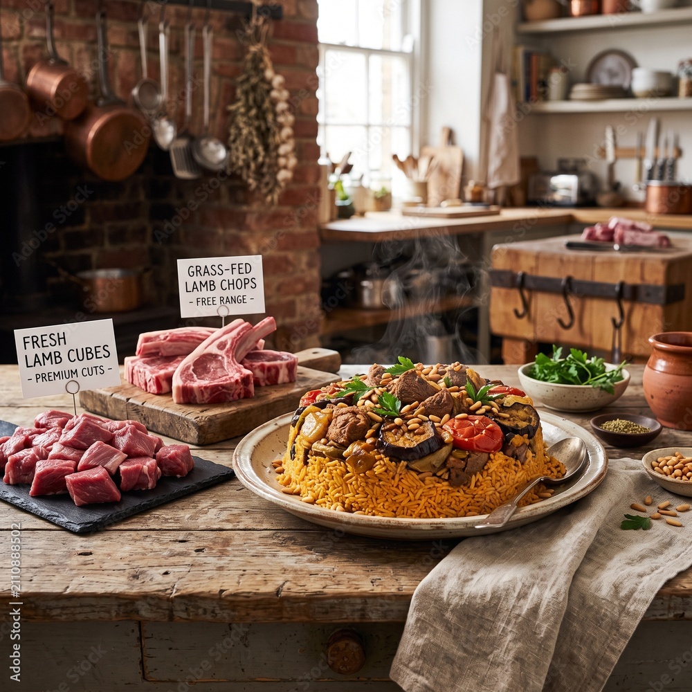Obraz premium Fresh grass fed lamb chops and cubes on rustic wooden table