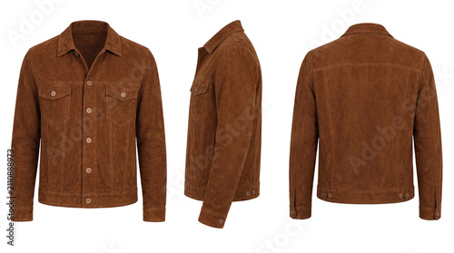 Men's Brown Jacket Mockup Front Side and Back View. Realistic Apparel Template Isolated on White Background