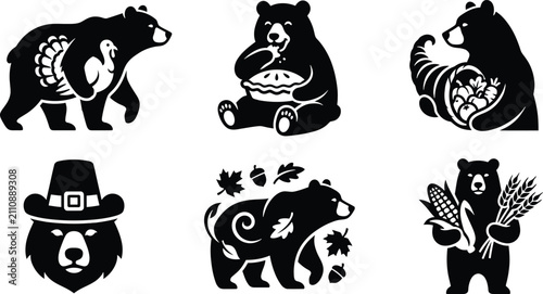 Quadro em tela Thanksgiving autumn bear wildlife harvest icon set