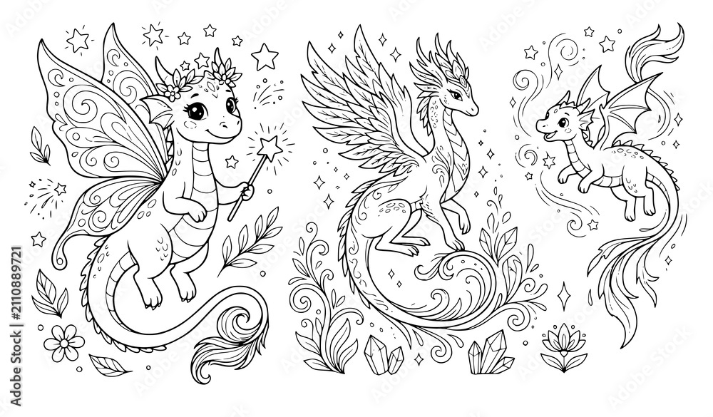 Obraz premium Cute Fairy Magic Dragon Coloring Page Vector Set