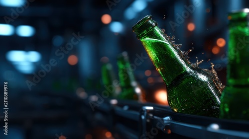 Green glass bottles sparkling with droplets on a conveyor belt, symbolizing the freshness and vibrancy of the beverage industry within a modern factory setting.