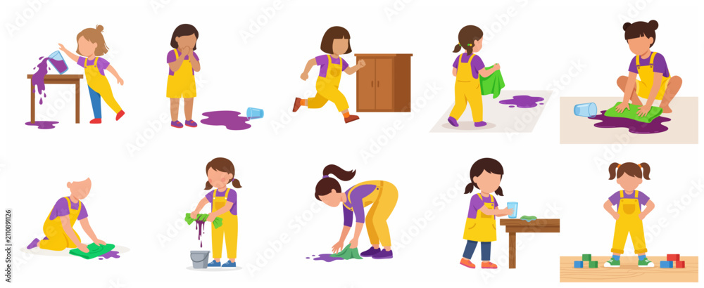 Fototapeta premium Little girl character cleaning spills and learning household chores vector illustration collection