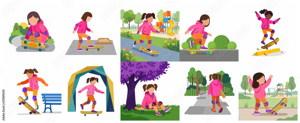 Fototapeta premium Cute little girl character skateboarding set, child learning to skate in the park illustrations.