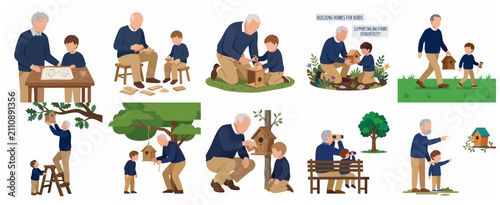 Tableau sur toile Grandfather and grandson building and hanging a birdhouse together, multi-genera
