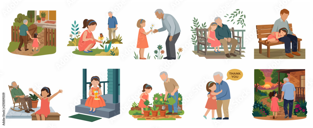Naklejka premium Vector illustration set of grandfather and granddaughter bonding through daily activities like gardening, walking, and sharing moments of love.