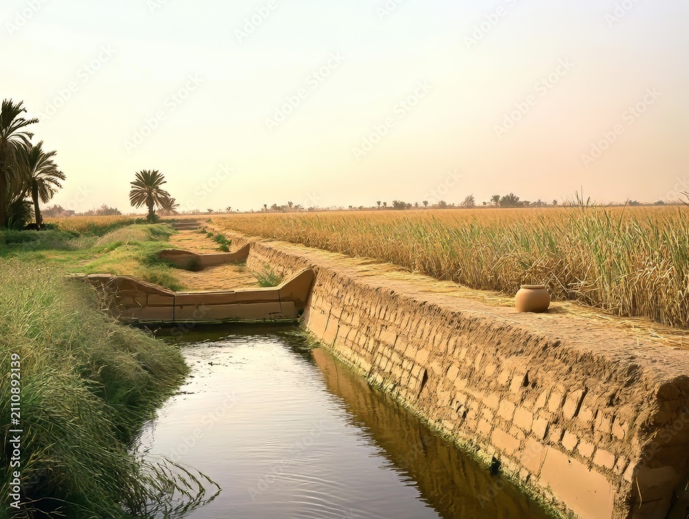 Fototapeta premium Babylonian Irrigation Canal Historic Agricultural Engineering Ancient Landscape Architecture Scene Display Today