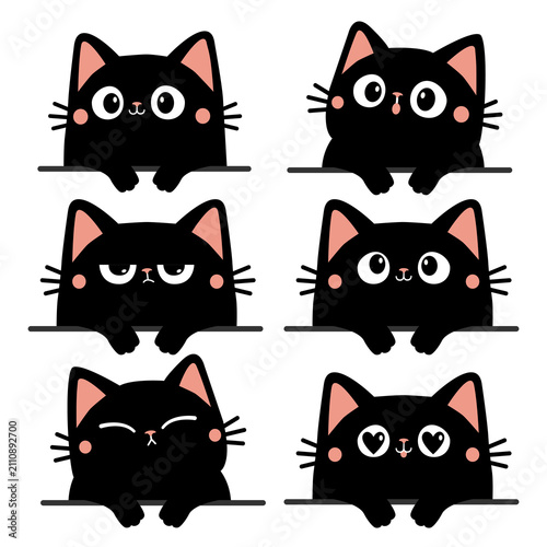 Cute cat kitty black hanging set. Peeking kitten. Kawaii cartoon funny baby character. Valentines Day. Kawaii cartoon clipart for stickers, kids design art. Flat design. White background. Vector