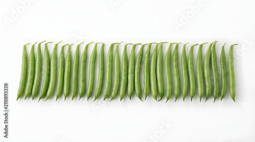 Fresh Green Beans Lined Up in a Row Isolated on Plain White Background