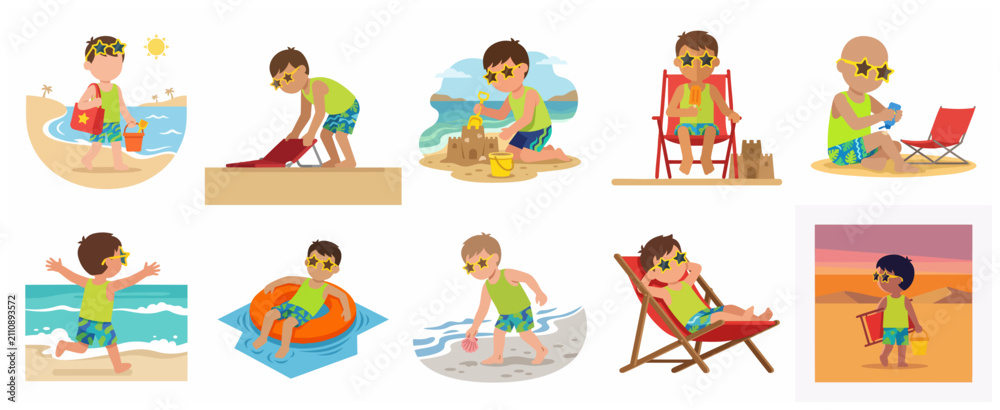 Naklejka premium Cute Boy Character Beach Summer Vacation Activities Illustration Set