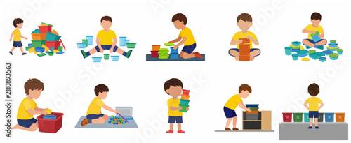 Foto Little Boy Organizing and Playing with Plastic Storage Containers Vector Illustr