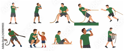 Foto Set of Men Participating in Tug of War Competition and Fitness Activities Vector