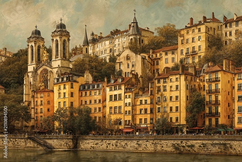 Warm-toned european cityscape featuring a charming river with beautiful architecture alongside