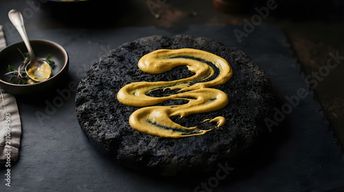 Yellow Mustard Sauce Swirled on Black Volcanic Stone Platter with Teaspoon on Dark Table