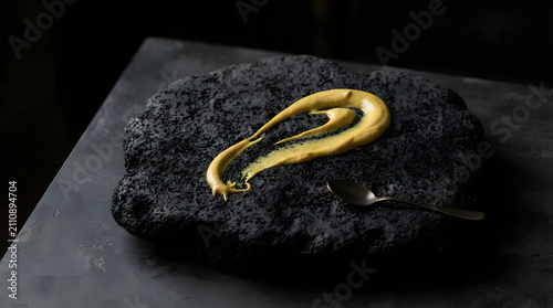 Yellow Mustard Sauce Swirled on Black Volcanic Stone Platter with Teaspoon on Dark Table