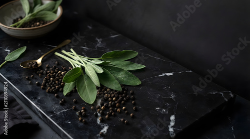 Fresh Sage Leaves and Black Peppercorns with Gold Spoon on Dark Marble Slab