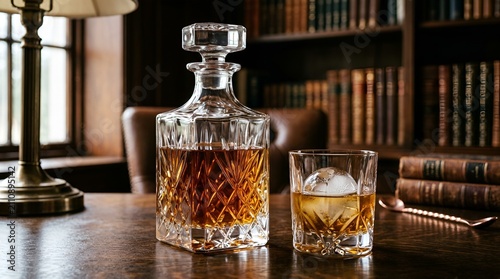 Crystal Decanter and Glass of Amber Whiskey with Ice Ball in Library
