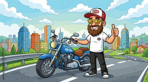 Fotografie Cartoon bearded biker with blue motorcycle on city highway, cool motorcyclist ch
