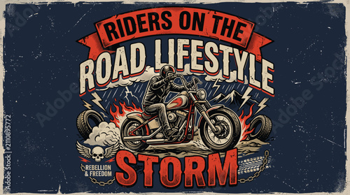 Bild auf Leinwand Vintage motorcycle rider lifestyle vector illustration, retro biker storm emblem