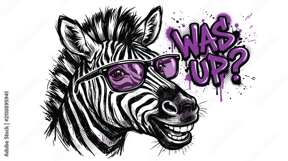 Obraz premium Cool zebra wearing purple sunglasses with Was Up graffiti text, urban street art animal vector, hand drawn sketch of a smiling zebra