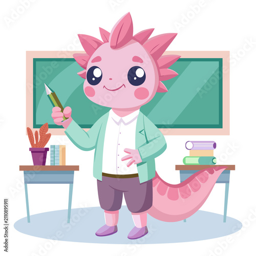 Cute Cartoon Axolotl Teacher Holding Pencil in Classroom, Flat Vector Illustration on White Background