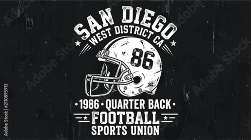 Vintage American football helmet illustration, distressed sports apparel graphic, retro varsity team emblem for t-shirt design