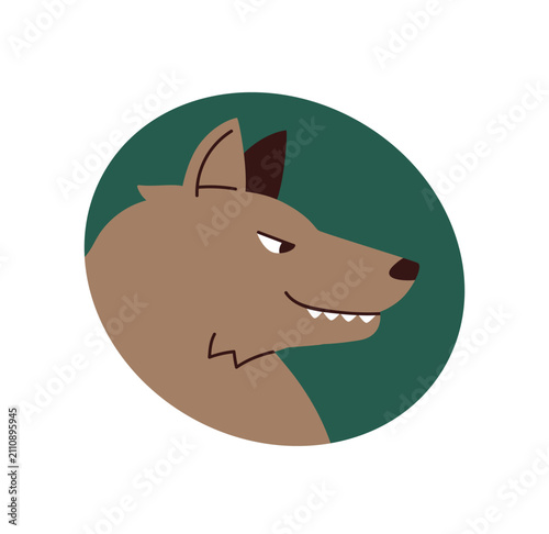 Wolf, head profile with sly grin, dangerous smile with teeth, cunning express...