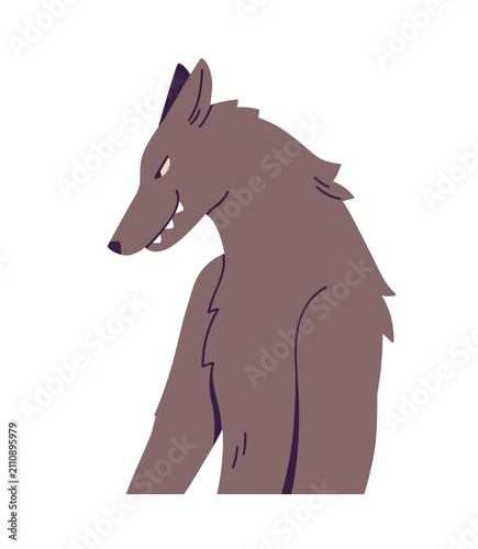 Wolf profile with sly grinning expression. Wild forest animal, bad evil chara...