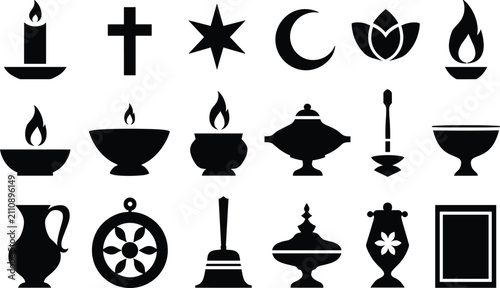 Obraz na płótnie Collection of spiritual icons featuring various religious symbols and ritual temple equipment