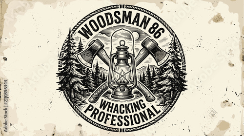 Bild auf Leinwand Vintage Woodsman 86 emblem with crossed axes and oil lantern, rustic lumberjack