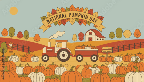 Beautiful country farm landscape with a red tractor and trailer full of pumpkins to celebrate National Pumpkin Day.