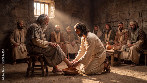Jesus kneels to wash a disciple's feet in a basin, showing humility and servant leadership before men