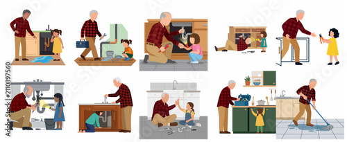 Cuadro en lienzo Grandfather and granddaughter DIY plumbing repair set, grandpa teaching little g