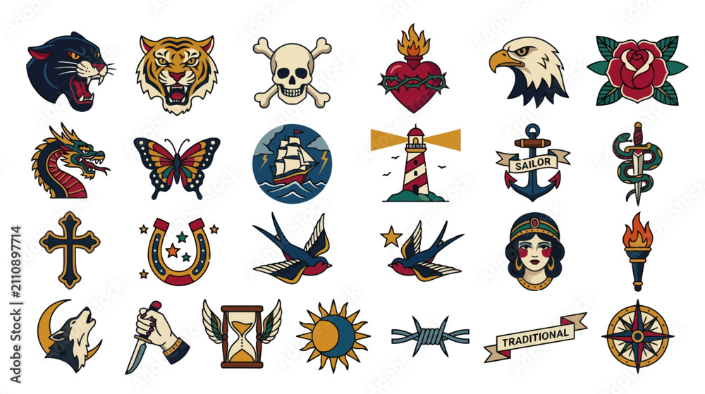 Obraz premium Neo-traditional Tattoo Flash Set: Animals, Symbols, Icons, Vintage Style