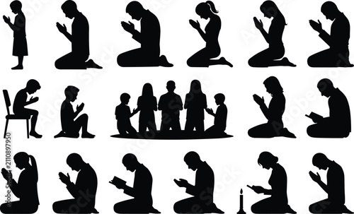 Obraz na płótnie Set of silhouettes people praying in various positions and spiritual activities, vector illustration