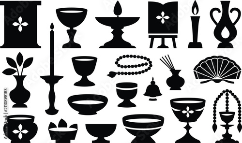 Quadro su tela Spiritual altar supplies silhouette set including chalice and prayer beads for meditation