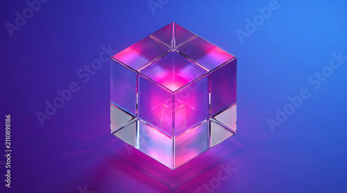 Glass cube with pink and purple light reflections geometric shape