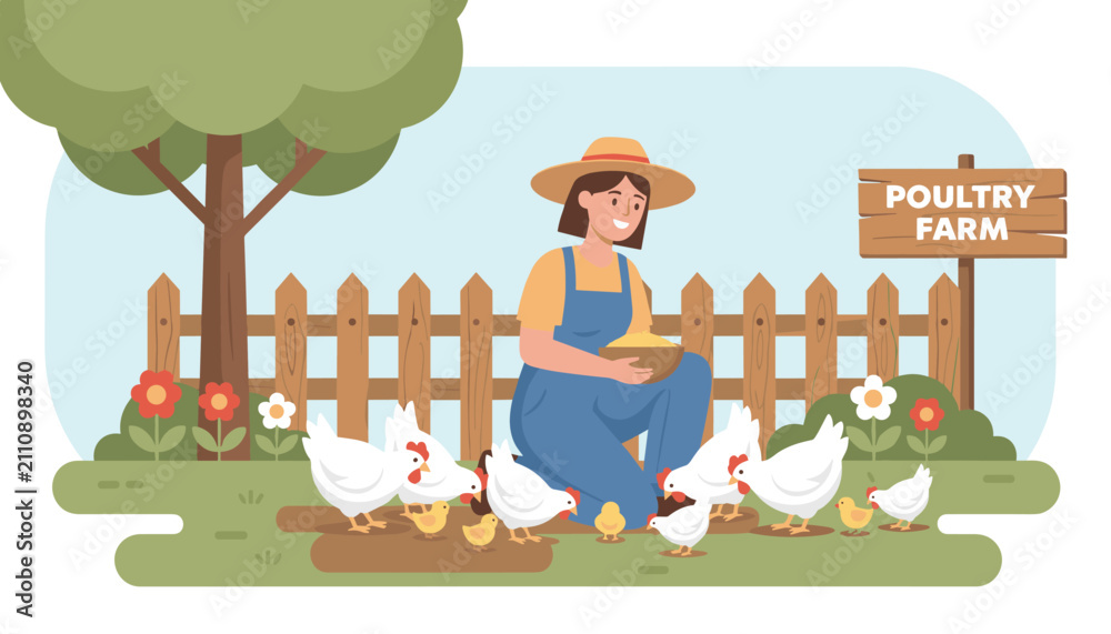Fototapeta premium Happy young woman farmer feeding white chickens and tiny yellow chicks on her sustainable organic poultry farm outdoors.