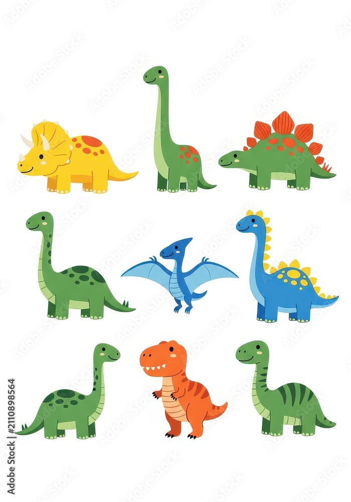 Fototapeta premium Set of Cute Cartoon Dinosaurs - T-Rex, Triceratops, Stegosaurus, Pterodactyl, Brachiosaurus, and Diplodocus Illustrations.