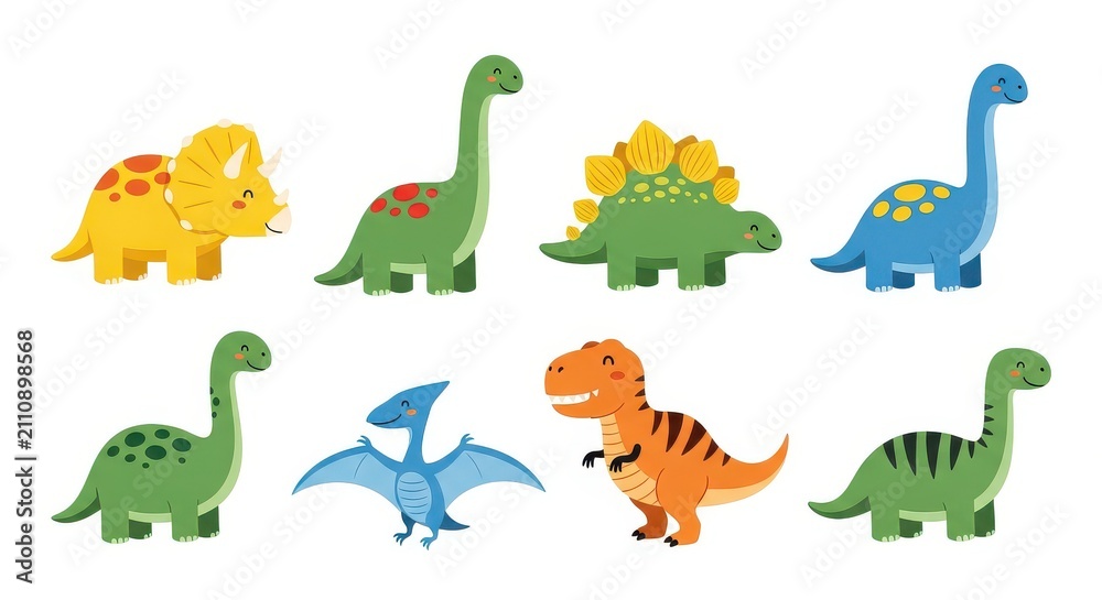Fototapeta premium Set of Cute Cartoon Dinosaur Vector Illustrations for Kids - T-Rex, Triceratops, Stegosaurus, and More