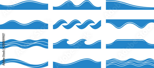 Blue ocean wave border elements set isolated on a white background for aquatic design concepts