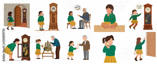 Photos Grandfather and Granddaughter Learning About Antique Clocks and Time Illustratio