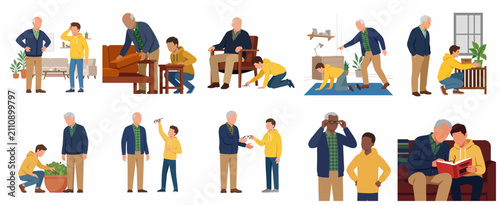 Принти на полотні Set of vector illustrations depicting a grandson helping his elderly grandfather find misplaced eyeglasses and reading a book together