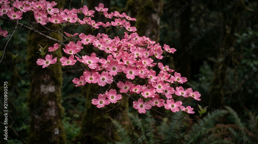 Obraz premium Delicate Pink Dogwood Blossoms in a Lush Forest Setting.