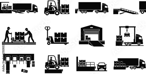 Industrial loading platform silhouette vector icons for warehouse
