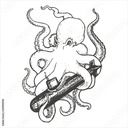 Картината върху платно Stylized octopus tentacles entwined around a submarine