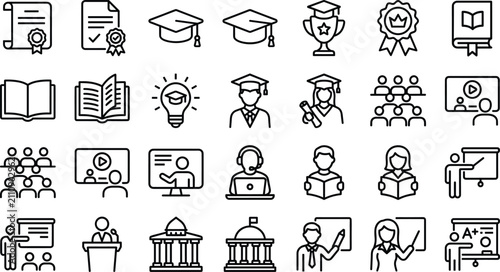 Education and graduation line icon set featuring academic elements and e-learning symbols for school layouts