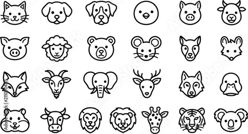 Photography Minimalist animal face outline icons set featuring cute domestic pets wild safar