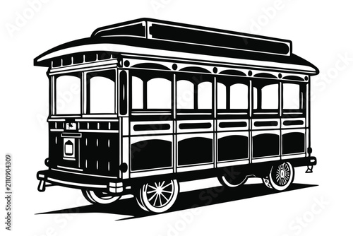 Vintage trolley car illustration in black and white with detailed design and isolated background