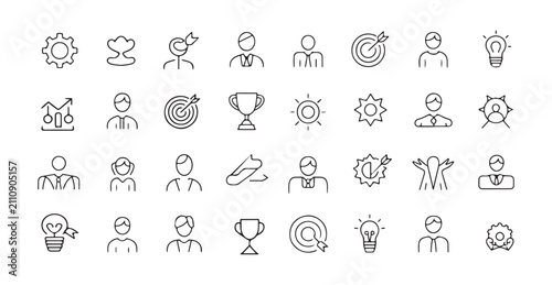 Business management and leadership outline icons showing strategic planning target success development and innovation.