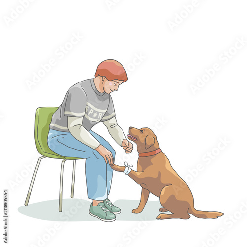 Dog owner comforting injured dog with bandaged paw in veterinary clinic
